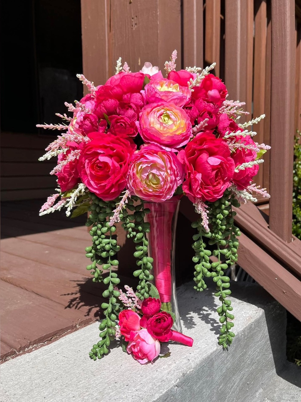 Artificial Hot Pink Ranunculus and Succulent Cascade Bouquet - Home Accents